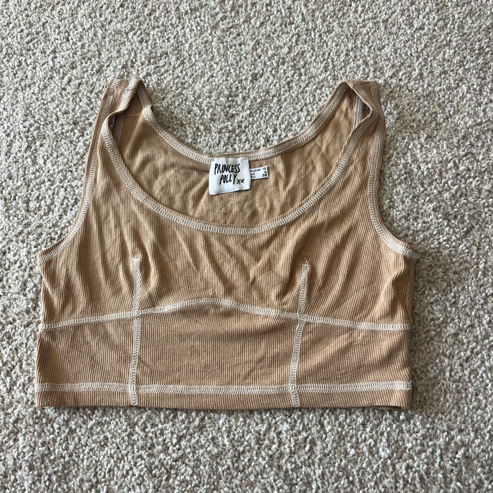 Princess Polly Beige Ribbed Contrast-Stitch Crop Tank